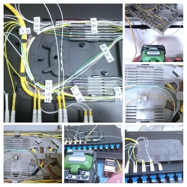 Bandejas de empalme con numeración a mano, fusionadora y ODF de fibra