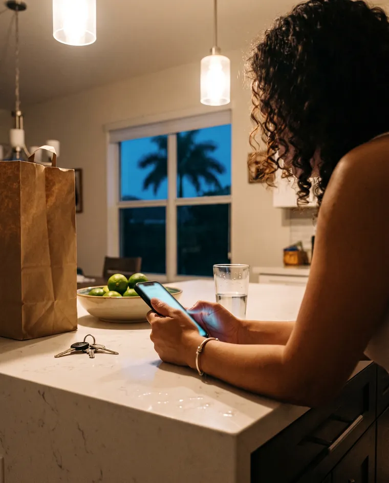 Someone reads a message on their phone, leaning on the kitchen island.