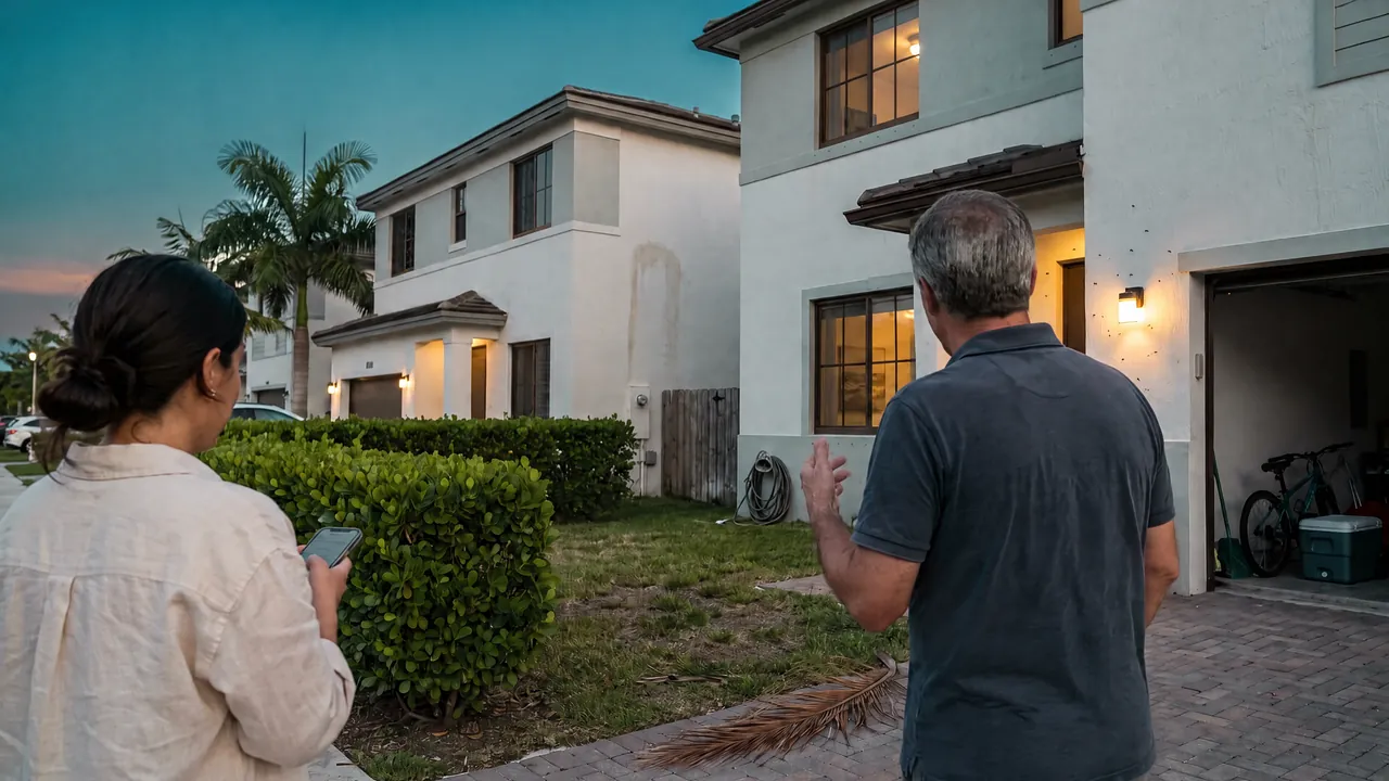 Dos vecinos conversan frente a sus casas al anochecer, en Doral.