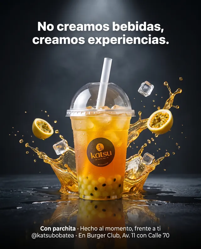 Bebida con parchita de Katsu sobre fondo oscuro y la frase «No creamos bebidas, creamos experiencias»