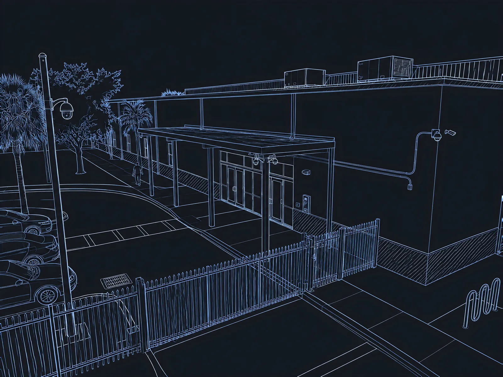 CAD perspective drawing of a school main entry: canopy, vestibule doors, fence, gates and camera pole