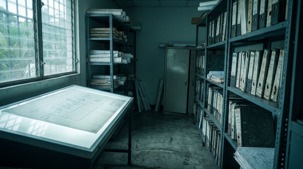 Engineering archive with rolled drawings and as-built binders on steel shelves